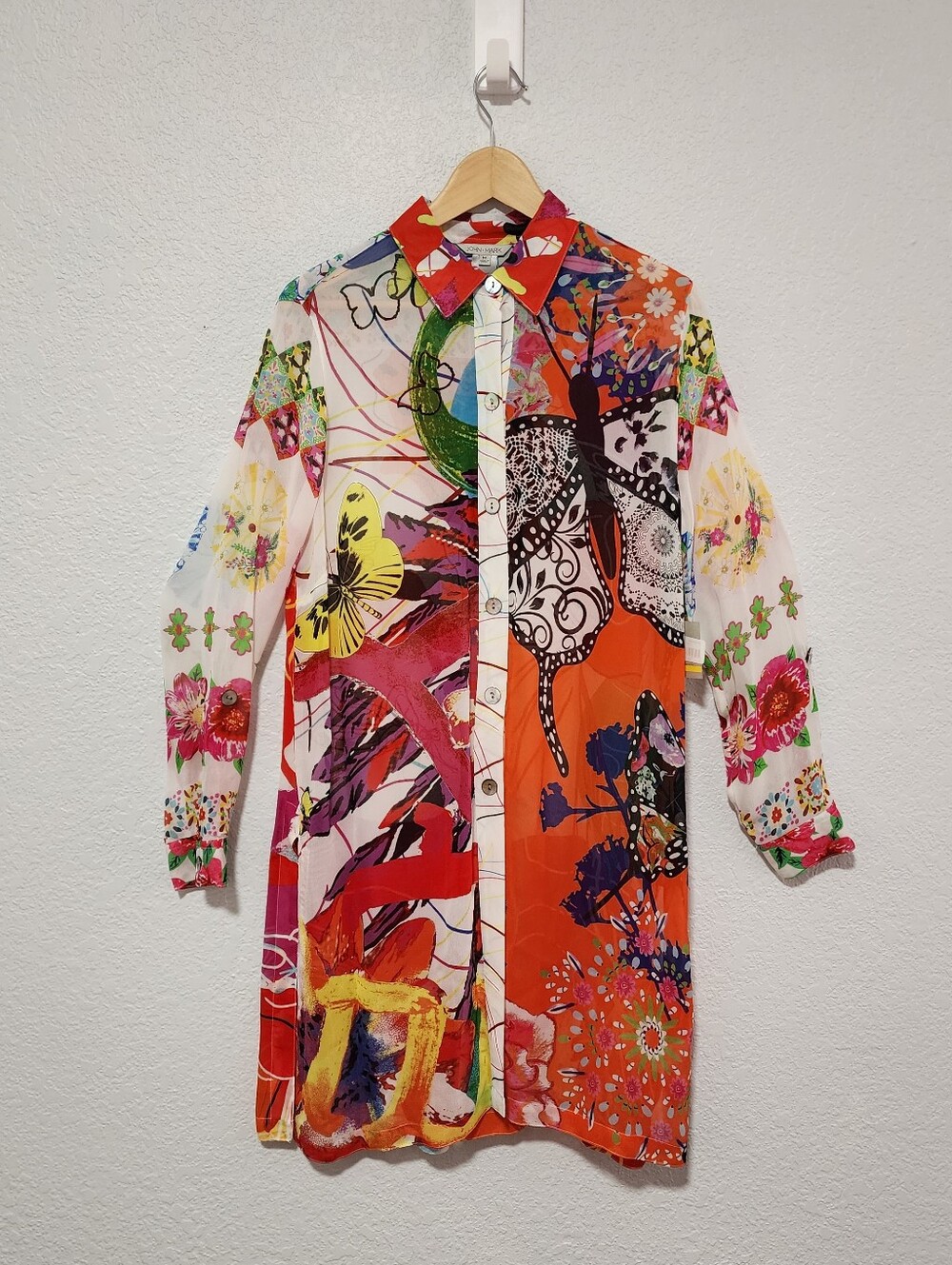 John Mark Vibrant Butterfly Floral Print Sheer Tunic Shirt Button Down Medium